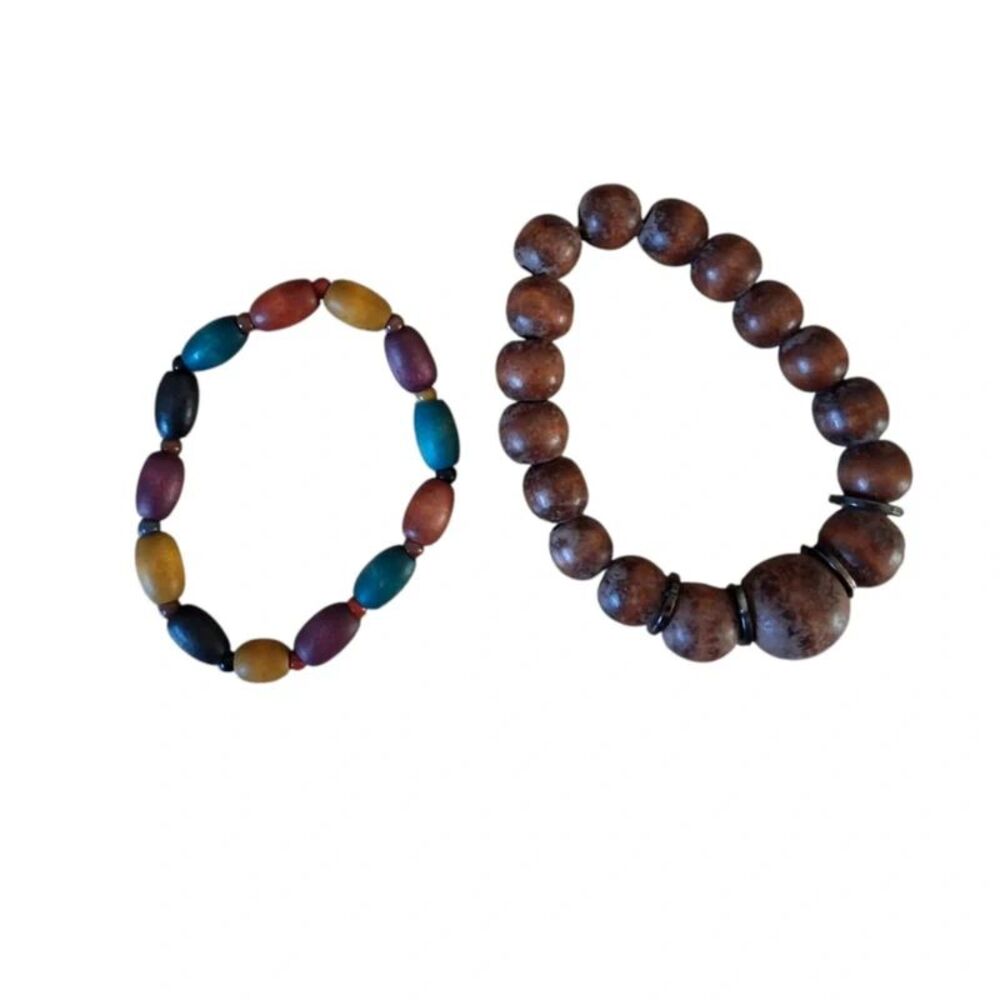 Brown and Multicolored Colorful Wooden Beaded Stretch Bracelets Bundle Set of 2